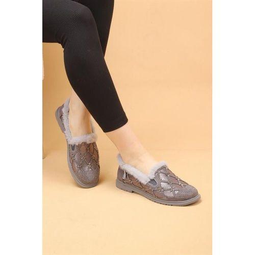 Selaro Gri Renkli Taşlı Desenli İçi Kürklü Kışlık Günlük Ayakkabı