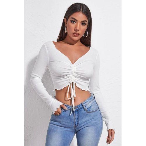Kadın Beyaz Uzun Kol Drapeli Bağcık Detaylı Crop Top Bluz