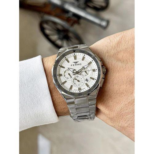 Ferro FM11650AWT-A Quartz Çelik Gri Beyaz Kadran 44 mm Erkek Kol Saati