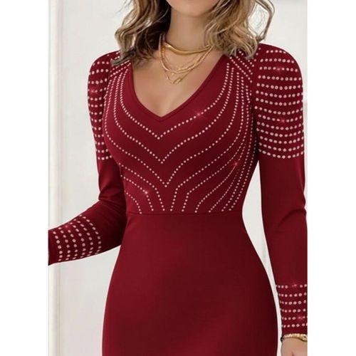 Kadın Uzun Kollu V Yakalı Taşlı Mini Ithal Krep Elbise