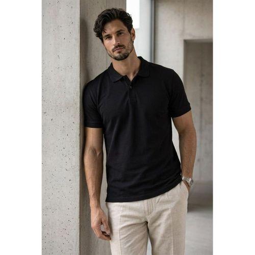 Orlando Polo Yaka Pike Kumaş Relaxed Fit Basic Düğmeli Relaxed Fit Erkek T-Shirt - Siyah