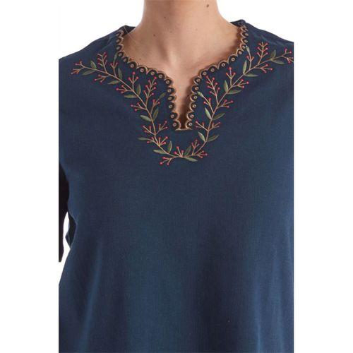 Şile Bezi Kısa Kol Petrol Nakışlı V Yaka Yazlık Otantik Bluz