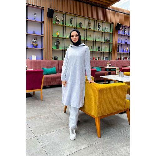 Kapşonlu Yandat Çıtçıtlı Sade Basic Uzun Tunik ve Pantolon İkili Spor Takım - 03071 - Gri