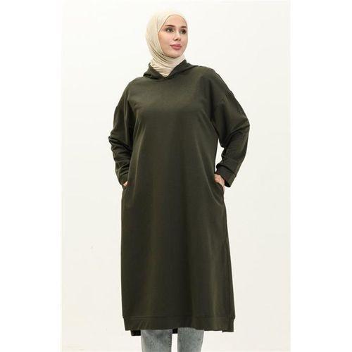 Atlas Kapşonlu Uzun Sade Basic Sweatshirt - 03007.005 - Haki