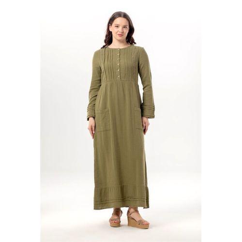 Uzun Kol Dora Yuvarlak Yaka Düğmeli Çift Cepli Yazlık Uzun Müslin Elbise Haki Hk