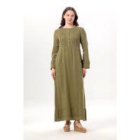 Uzun Kol Dora Yuvarlak Yaka Düğmeli Çift Cepli Yazlık Uzun Müslin Elbise Haki Hk