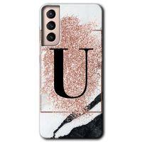 MRCİLETİSİM Samsung Galaxy S21 Plus Kılıf HD Desen Baskılı Arka Kapak + Temperli Cam - Pembe Mermer Desenli U Harfi