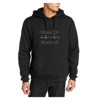 Music On World Off Baskılı Siyah Erkek Kapşonlu Sweatshirt