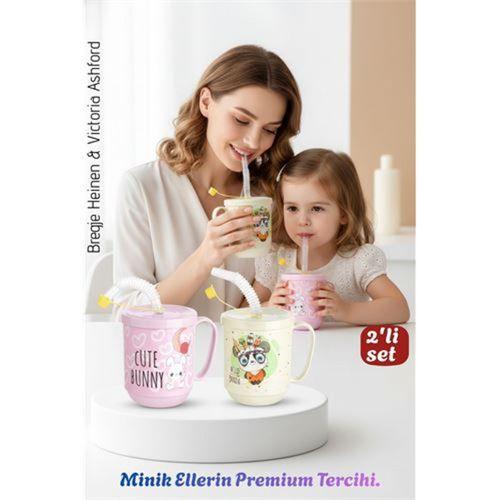 2'li Set | Pipetli Kupa Kulplu Çocuk Bardağı  - Anti-Damla Kapaklı - 350 ML Alıştırma Bardağı 718282
