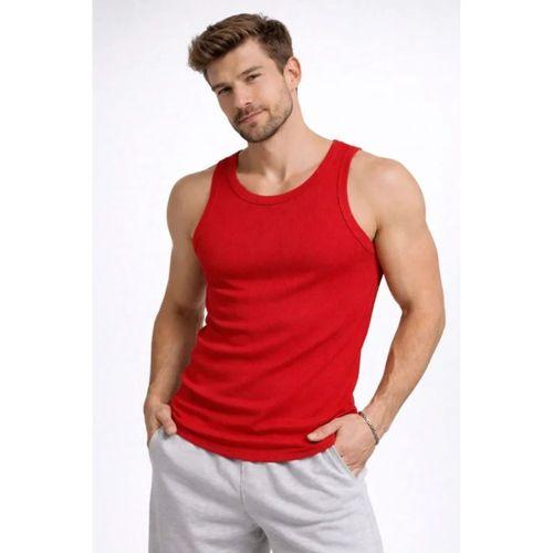 Erkek Fitilli Atlet Sıfır Yaka Slim Fit Arka Baskılı Spor Atlet - Kırmızı