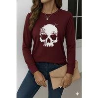 Kadın Uzun Kollu Bisiklet Yaka Kurukafa Desenli Viskon Bluz