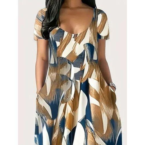 Kadın Kısa Kollu Yuvarlak Yaka Cepli Salaş Baskılı Süprem Elbise