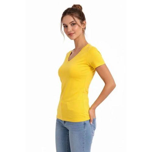 T-Shirt V Yaka Slim Fit Likralı Tişört Günlük Basic Body - Sarı
