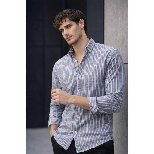 Nefes Alabilir Zarif Günlük Carina Çizgili Pamuklu Erkek Gömlek - Siyah