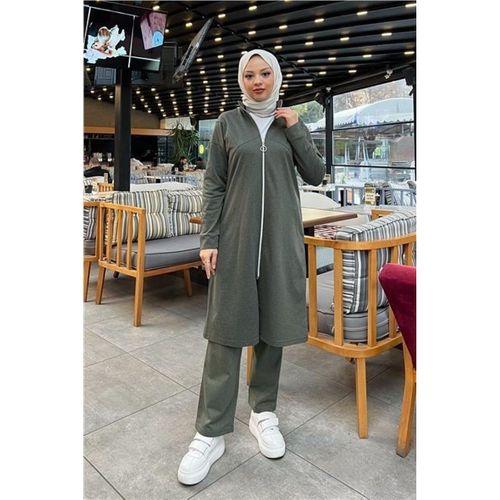 Göğüsten Detaylı Fermuarlı Sade Basic Eşofman Spor İkili Takım - 03063.005 - Haki