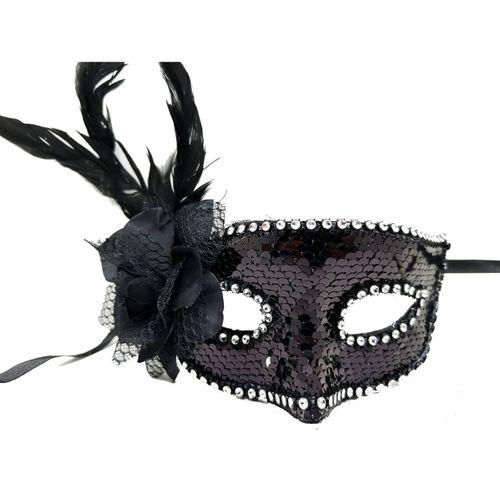 Siyah Renk Yandan Tüylü Güllü Gümüş Taşlı Pullu Maske 20x22 Cm