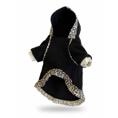 Siyah Leopar Desenli Kapüşonlu Köpek Elbisesi | Polar Kumaş | 5,5 - 7 KG