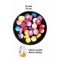 30 Adet 10 mm Polimer Kil Fimo Boncuk Takı Bileklik + 1 Metre Lastikli Misina Hediye - Renkli Yin Yang