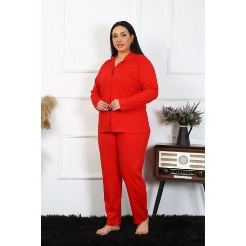Kadın Büyük Beden Pamuklu Cepli Düğmeli Kırmızı Pijama Takım