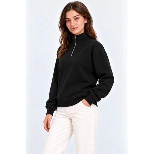 Üç İplik İçi Şardonlu Dik Yaka Yarım Fermuarlı Kışlık Sweatshirt - Siyah
