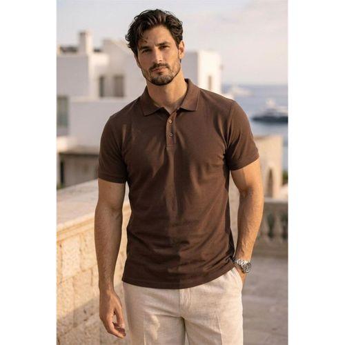 Orlando Oversize Polo Yaka Pike Kumaş Basic Düğmeli Relaxed Fit Erkek T-Shirt - Kahve