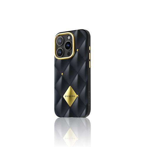 Apple iPhone 16 Pro Kılıf Parlak Arka Yüzeyli Kabartma Tasarımlı Kapitone Pynana Metal Diamond Serisi Kapak