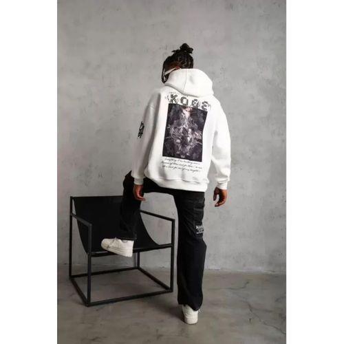 Unisex Sırt Baskılı Kapüşonlu Üç İplik Oversize Sweatshirt - Beyaz