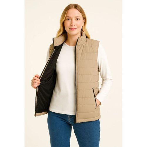 Şişme Fermuarlı Yelek Su Itici Kapitone Astarlı Kumaş Cepli Hafif Kışlık Spor Rahat Kalıp - Bej