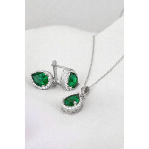 Damla Model Zümrüt Yeşili Zirkon Taşlı Gümüş Kadın Kolye Küpe Seti