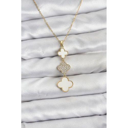 316L Çelik Zincir Gold Renk Yonca Detaylı Zirkon Taşlı Kadın Kolye
