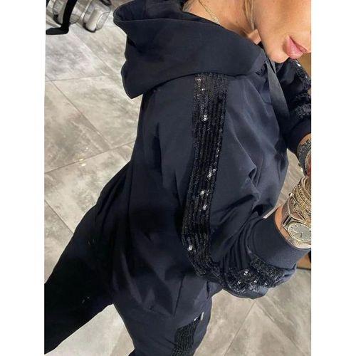 Kadın Uzun Kollu Kapşonlu Pulpayet Detay Viskon Iki Iplik Bluz Ve Pantolon Ikili Takım