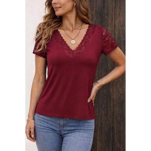 Kadın Kısa Kollu V Yakalı Dantelli Viskon Bluz