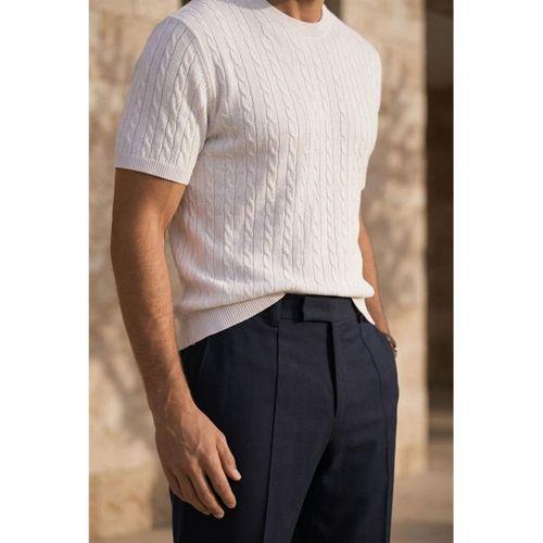 Walsh Saç Örgü Desenli Bisiklet Yaka İnce Triko Erkek T-Shirt - Ekru