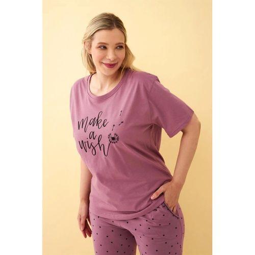 Kadın Mürdüm “make A Wish” Yazılı Büyük Beden Kapri Pijama Takımı