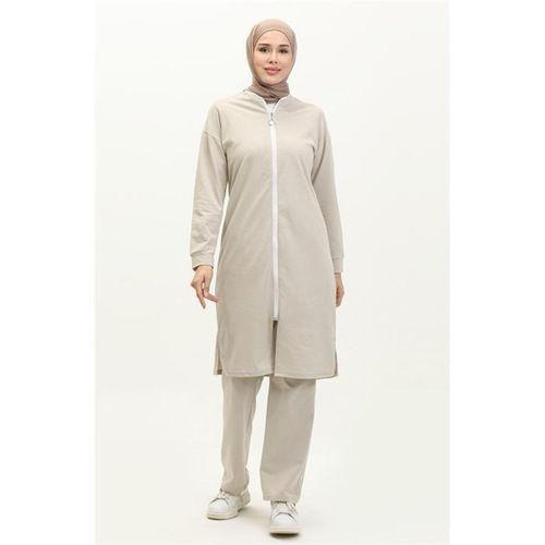 Bisiklet Yaka Fermuarlı Uzun Tunik Sade Basic Spor Takımı - 03044.027 - Ekru