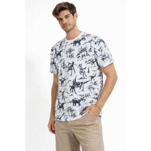 Erkek Beyaz Dinozor Desenli Tişört – Regular Fit, Bisiklet Yaka, Dijital Baskılı Pamuklu T-Shirt - Beyaz