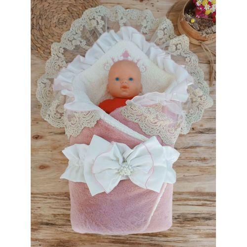 Yenidoğan Wool Yün Kumaş Taç Nakışlı Güpür Duvaklı Fiyonk Prizma Taş Unisex Kundak Bebek Battaniyesi Pembe
