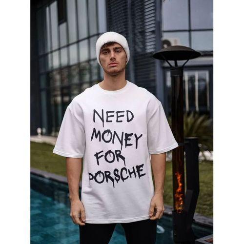 Unisex Bisiklet Yaka Baskılı Oversize T-Shirt - Beyaz