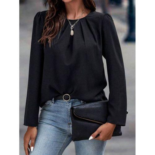 Kadın Uzun Kollu Yuvarlak önden Pileli Ithal Krep Bluz