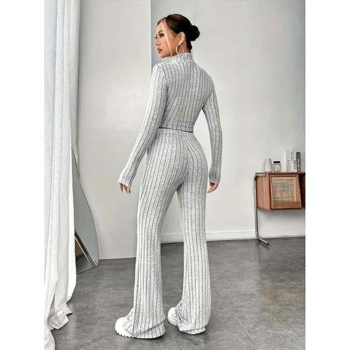 Kadın Uzun Kollu Balıkçı Yaka Krop Ve Pantolon şardonlu Kaşkorse Ikili Takım