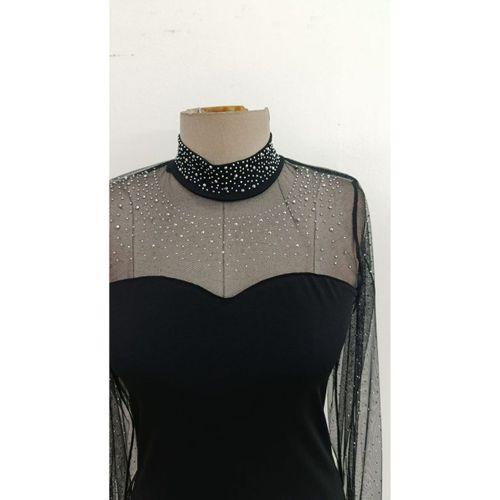 Kadın Uzun Kollu Yarı Balıkçı Yakalı Taşlı Tül Detaylı Kalp Yakalı Sandy Bluz