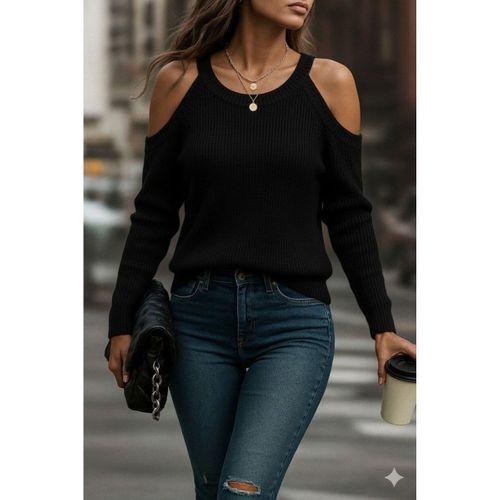 Kadın Uzun Kollu Omuzlardan Açık Askılı Yuvarlak Yaka Triko Bluz