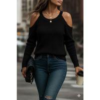 Kadın Uzun Kollu Omuzlardan Açık Askılı Yuvarlak Yaka Triko Bluz