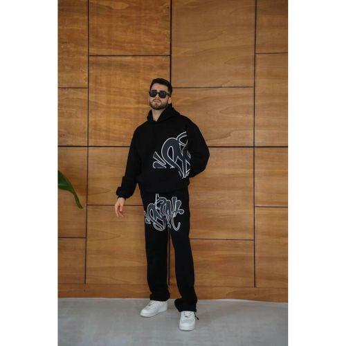 Erkek Kapüşonlu Eşofman Takım Graffiti Baskılı Oversize Rahat Kalıp, Kanguru Cepli, Streetwear Tarzında Premium Ürün 3 Iplik Pamuklu - Siyah