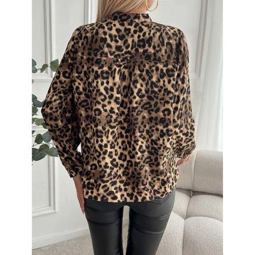 Kadın Uzun Kollu V Yakalı Modal Leopar Desenli Bluz