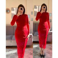 Kadın Drapeli Tül Kumaş Uzun Kollu Midi Boy Elbise