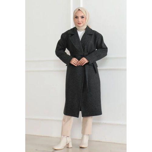 Kaşe Kaban Uzun Boy 115 Cm Kruvaze Yaka Kuşaklı Astarlı Tesettür Kaban Yünlü - Siyah
