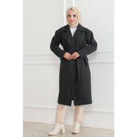 Kaşe Kaban Uzun Boy 115 Cm Kruvaze Yaka Kuşaklı Astarlı Tesettür Kaban Yünlü - Siyah