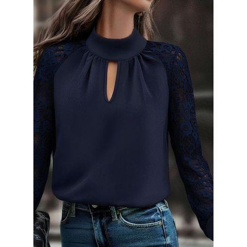 Kadın Uzun Kollu Göğüs Pencere Detay Yaka Boğazlı Kolları Tüllü Sandy Bluz