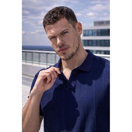 Elatus Çizgili V Yaka İnce Triko Relaxed Fit Polo Yaka Erkek T-Shirt - Lacivert